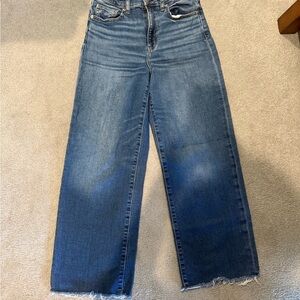High-Rise Wide Leg Blue Jeans with Frayed Hem